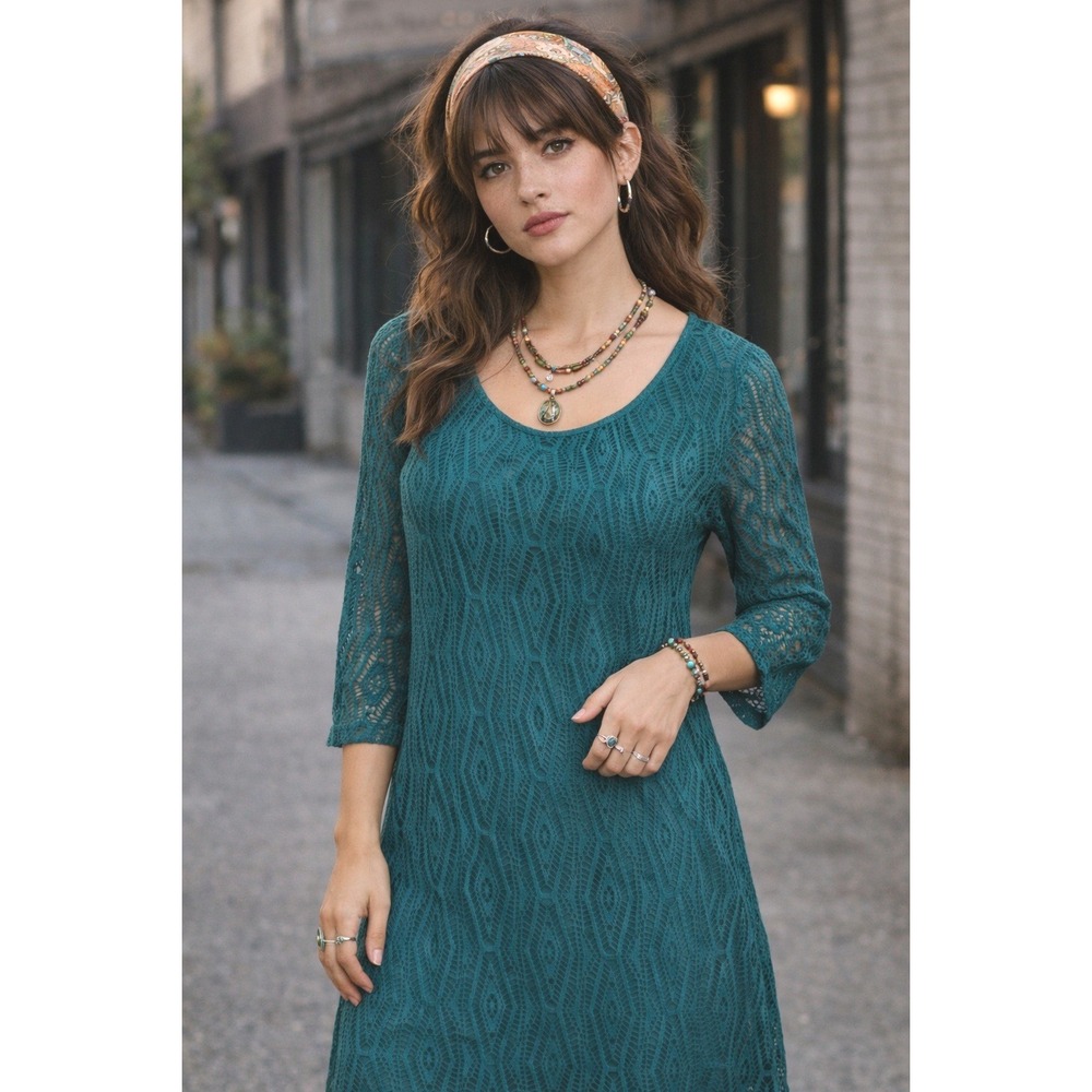 Dana Buchman Womens Crochet Midi Dress Size M Teal Boho Indie Artsy Feminine